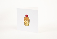 Embroidered red button cupcake with green and orange polka-dots greetings card